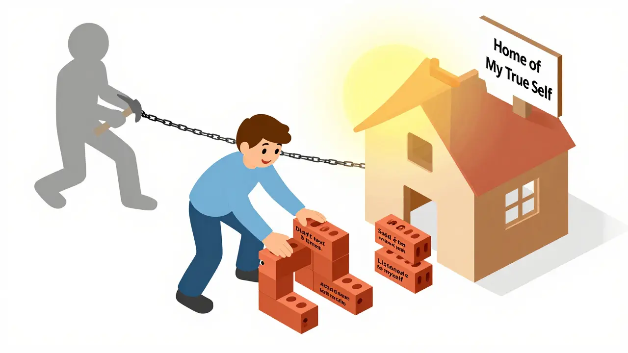 Osoba staví dům z cihel s malými změnami, zatímco její minulá verze se snaží zadržet.