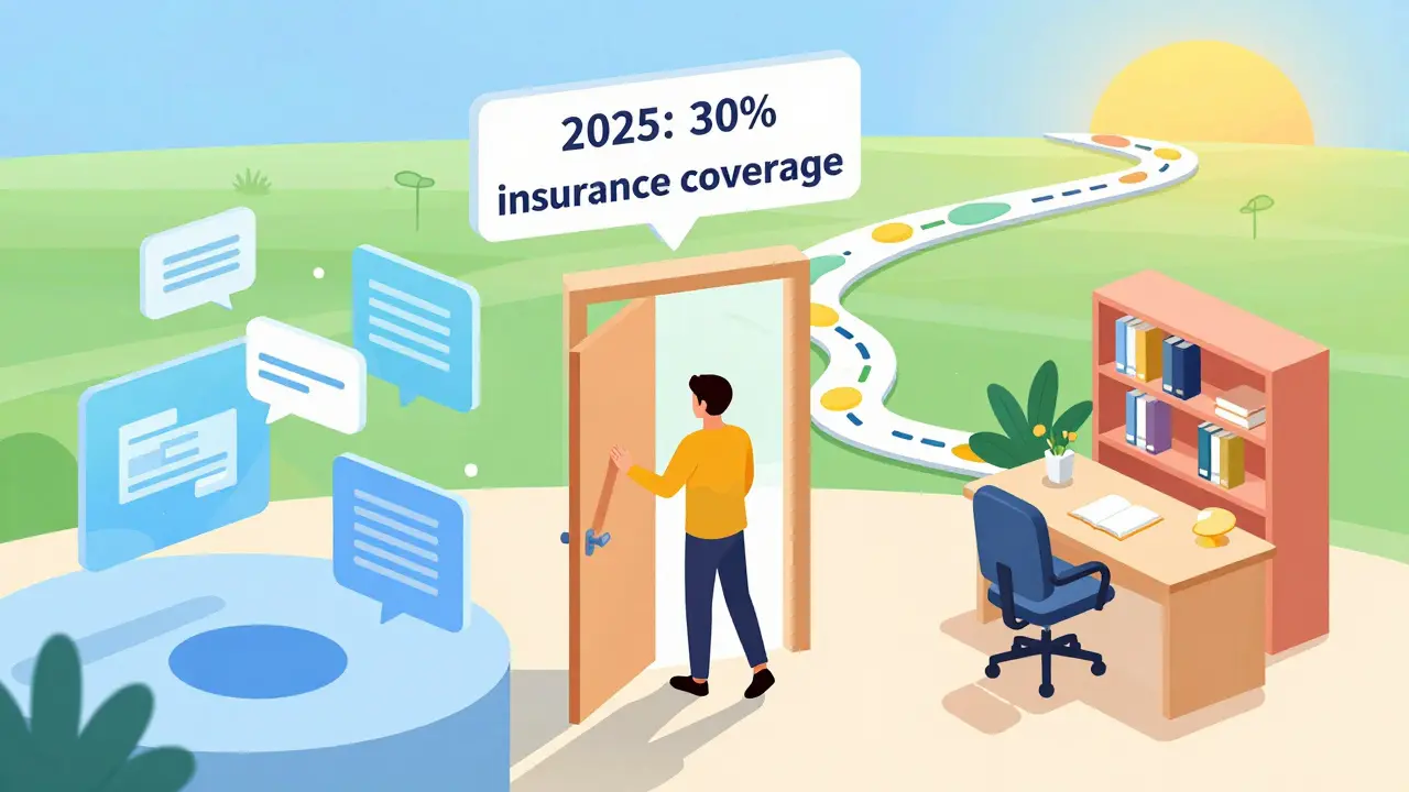 Osoba stojí na prahu mezi digitální a osobní terapií, cesta směřuje k budoucnosti.