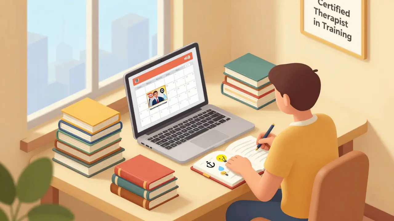 Osoba v domácí kanceláři s přehledem 700 hodin praxe a supervize