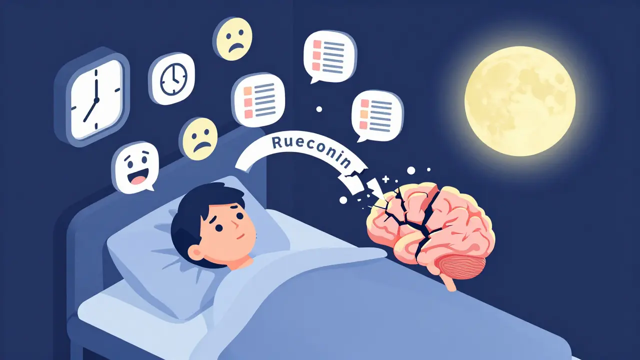 Osoba v posteli s myšlenkami v bublinách a slabým melatoninovým měsícem.