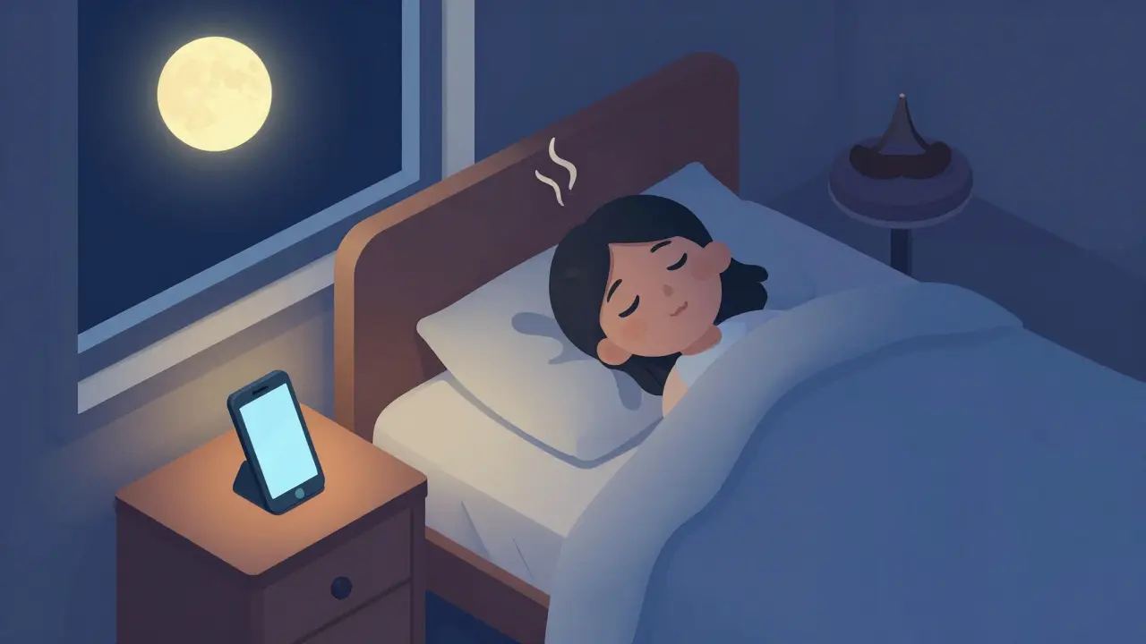 Osoba ve spánku s vypnutým telefonem na nočním stolku, klidná noční atmosféra s měsícem.