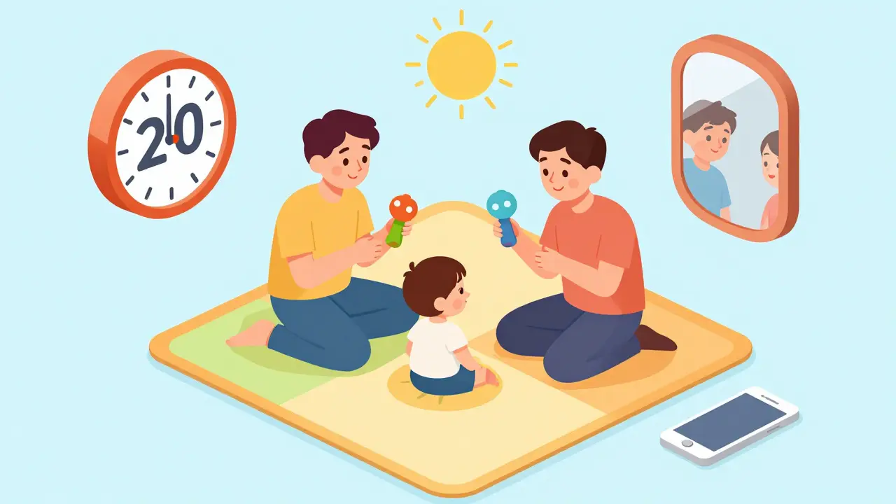 Pár hraje s dítětem, kolem nich jsou symboly komunikace, časovače a vypnutého telefonu.