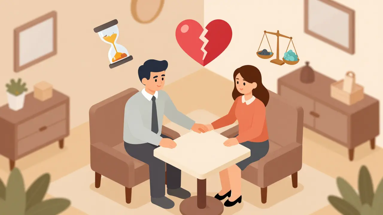 Pár v terapii s terapeutem, kolem nich se vznášejí symboly času, srdce a domácích povinností.