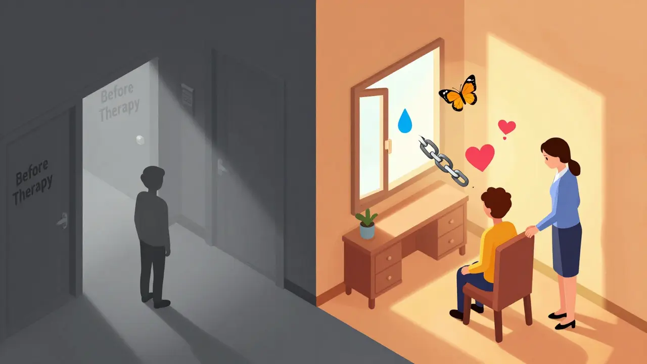 Před a po terapii: od šedé mlhy k teplému, osvětlenému prostoru s emocionálními symboly.