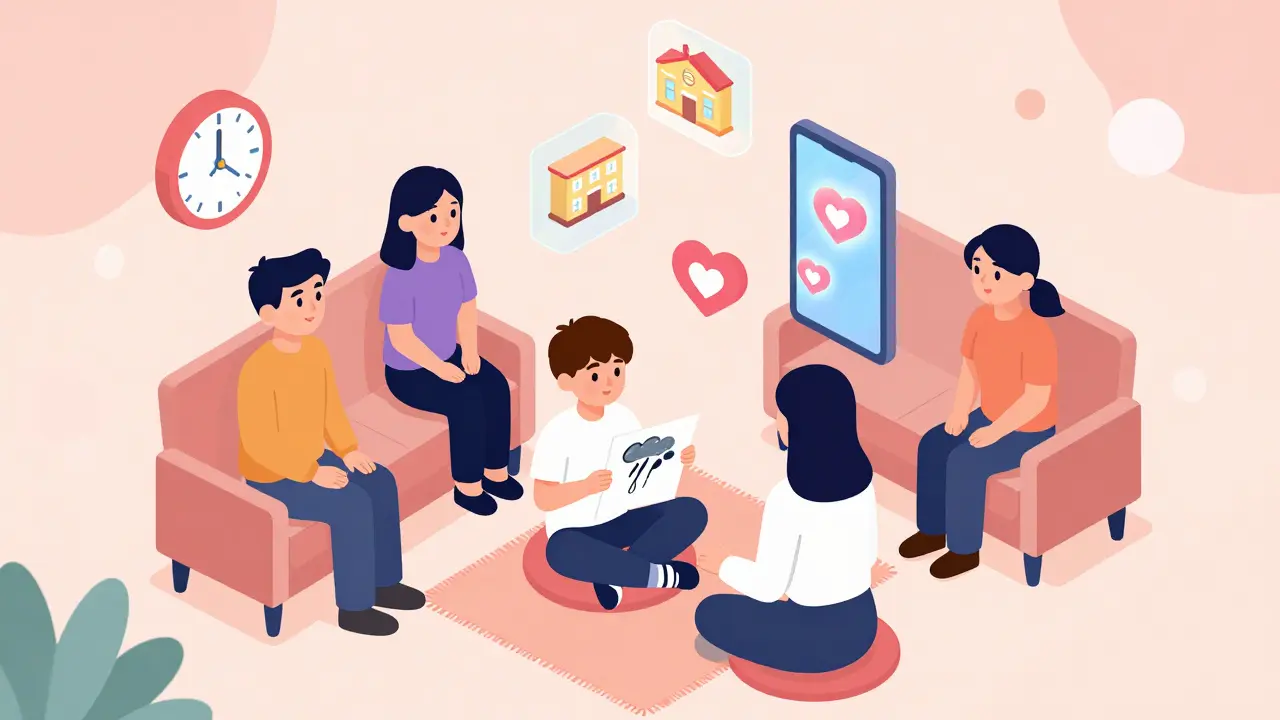 Rodina spolu s terapeutem v isometrickém bytě, kde symbolické prvky vyjadřují emocionální napětí.