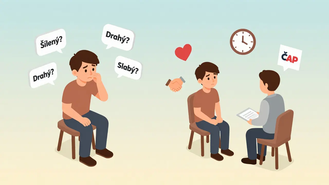 Rozdělený scénář: zmatek a mýty na jedné straně, klid a podpora s terapeutem na druhé.