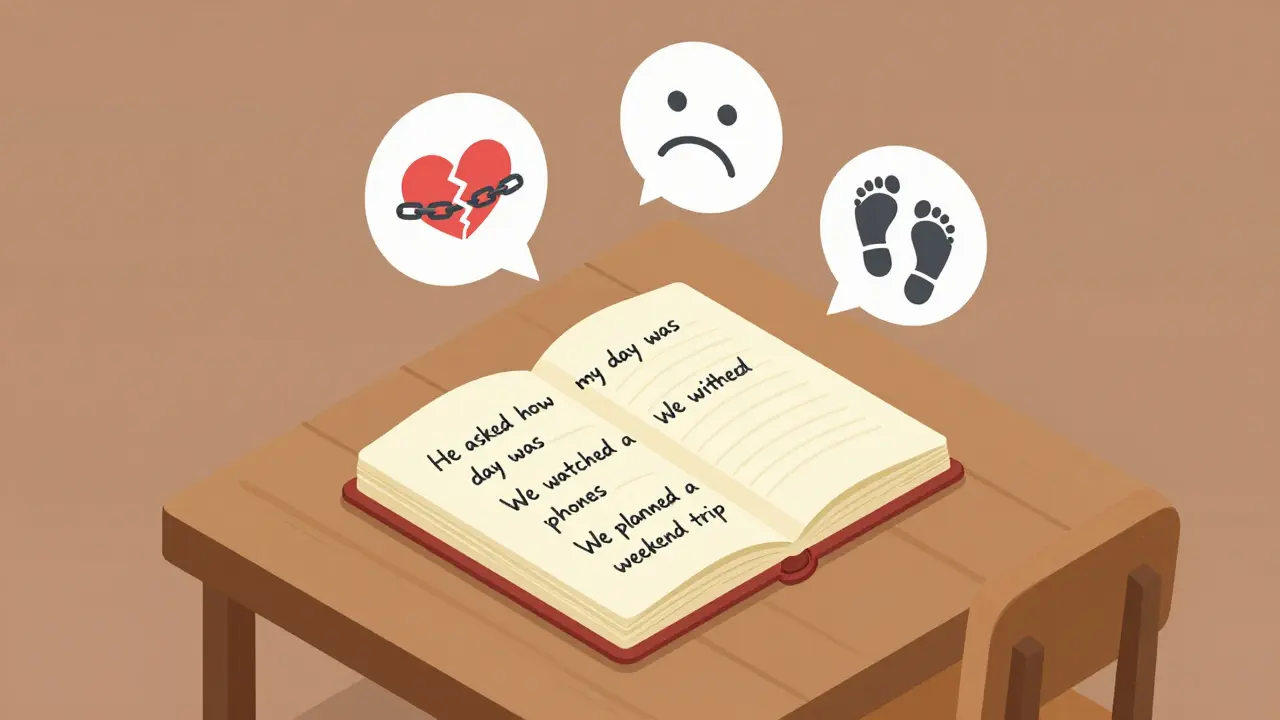 Sešit s rukou psanými poznámkami o zlepšení vztahu a symbolickými ikonami růstu.