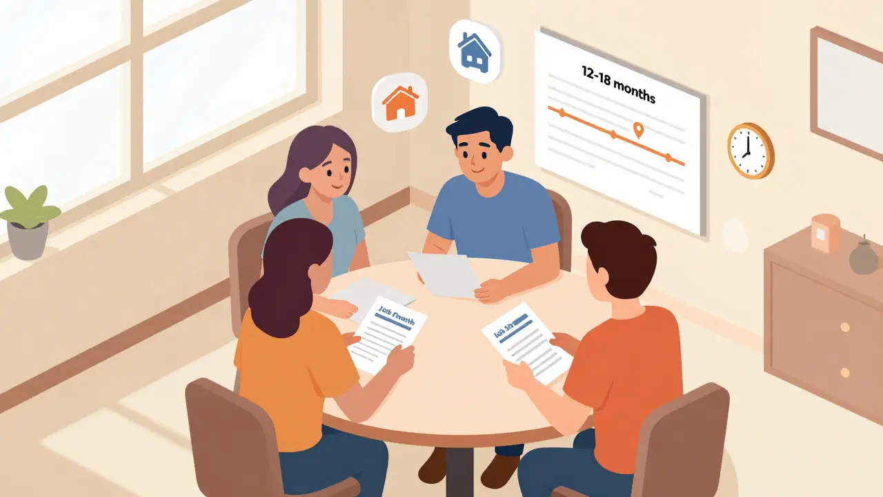 Skupina lidí na schůzce jobklubu s podporou poradce a časovou osou reintegrace.