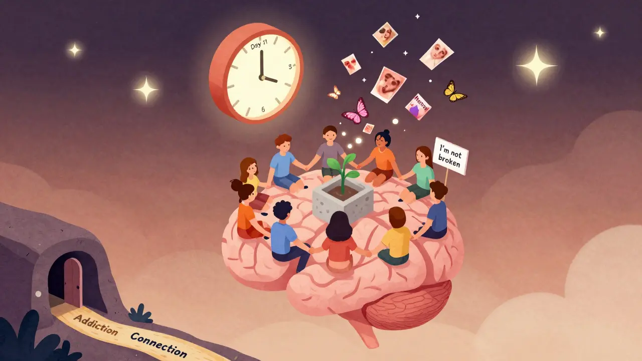 Skupina lidí v kruhu drží ruce pod hvězdnou oblohou, pornografické obrazovky se mění v motýly, cesta vede od temnoty k spojení.