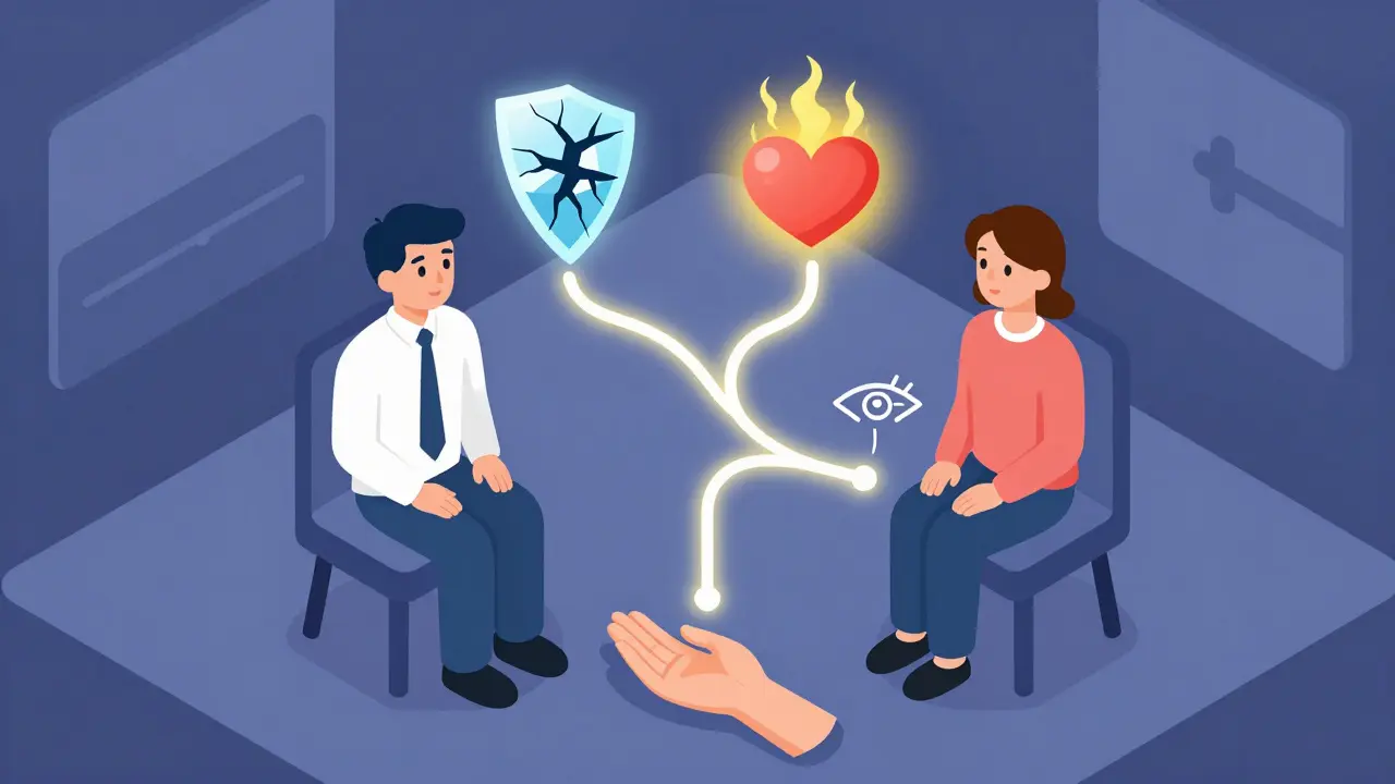 Terapeut a klient v klidné místnosti s osvětlenými nervovými cestami.