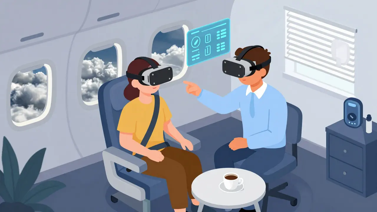 Terapeut vede klienta virtuálním letem v Brně, kde se na obrazovce zobrazují biometrické údaje a turbulentní obloha.