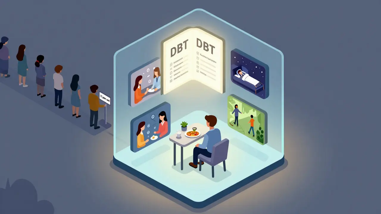 Terapeutická místnost s DBT nástroji a čekajícími pacienty venku.