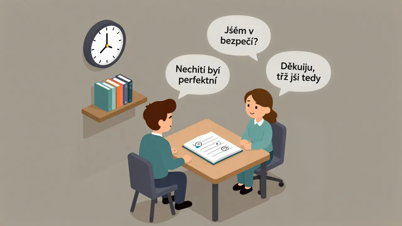 Terapeutická místnost s detaily jako knihy, hodiny a neřečené myšlenky v ovzduší.