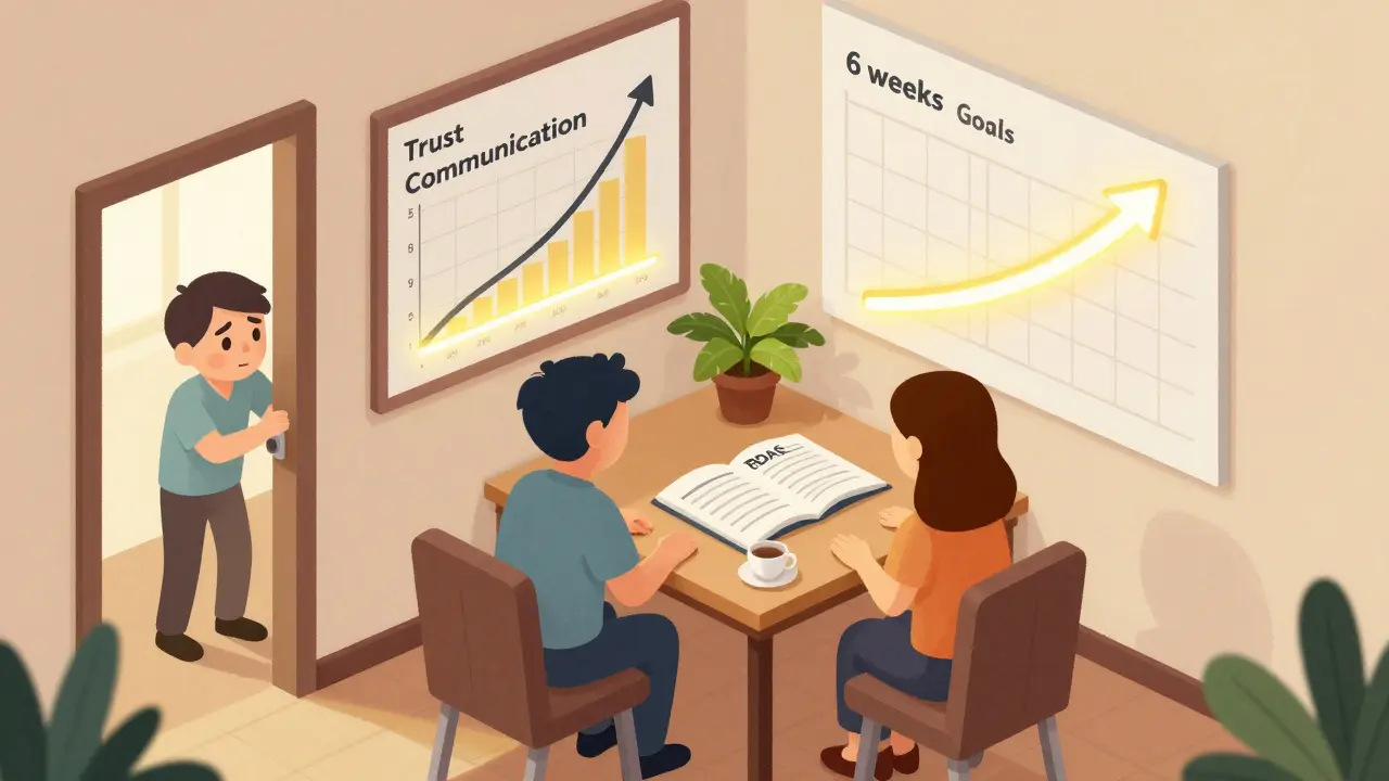 Terapeutický pokoj s grafem pokroku a jedním partnerem, který se opatrně dívá do místnosti.