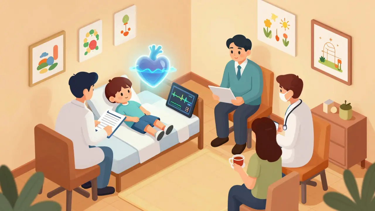 Tým odborníků pomáhá dítěti s školní fobií, v pozadí doma v klidu.