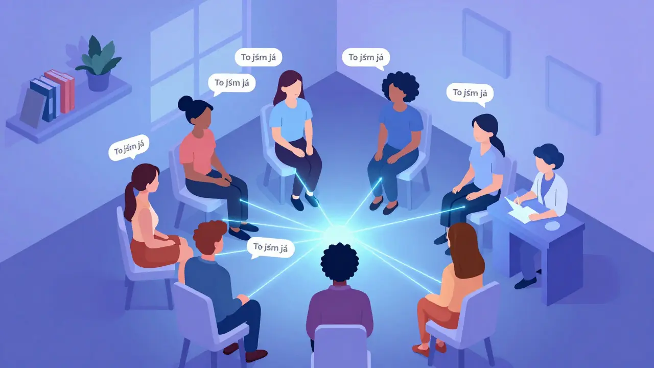 Virtuální terapeutická skupina spojená světelnými linkami, terapeut vede diskusi z počítače, domácí prostředí v isometrickém stylu.