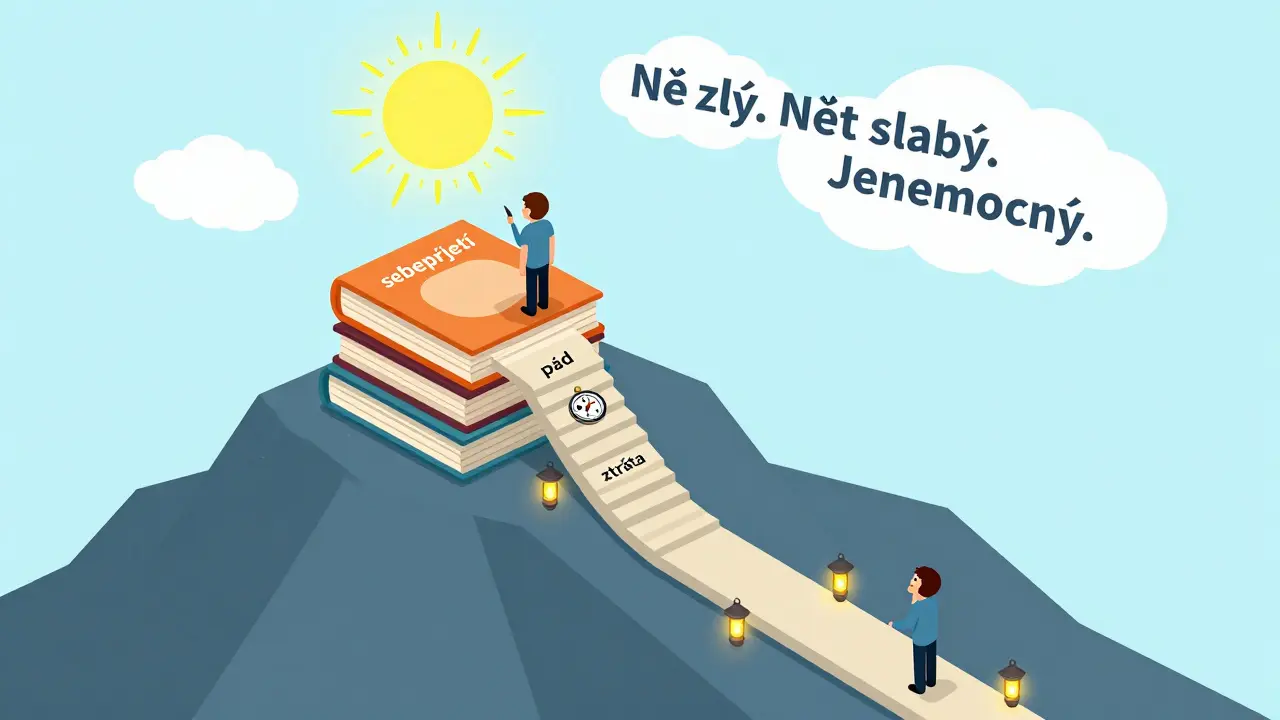 Cesta k vrcholu hory z knih, kde postava postupně přijímá svou nemoc jako součást identity.