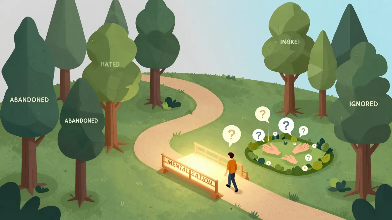 Cesta skrz les představ, kde most mentalizace vede do klidné zahrady s otazníky a otevřenými rukama.