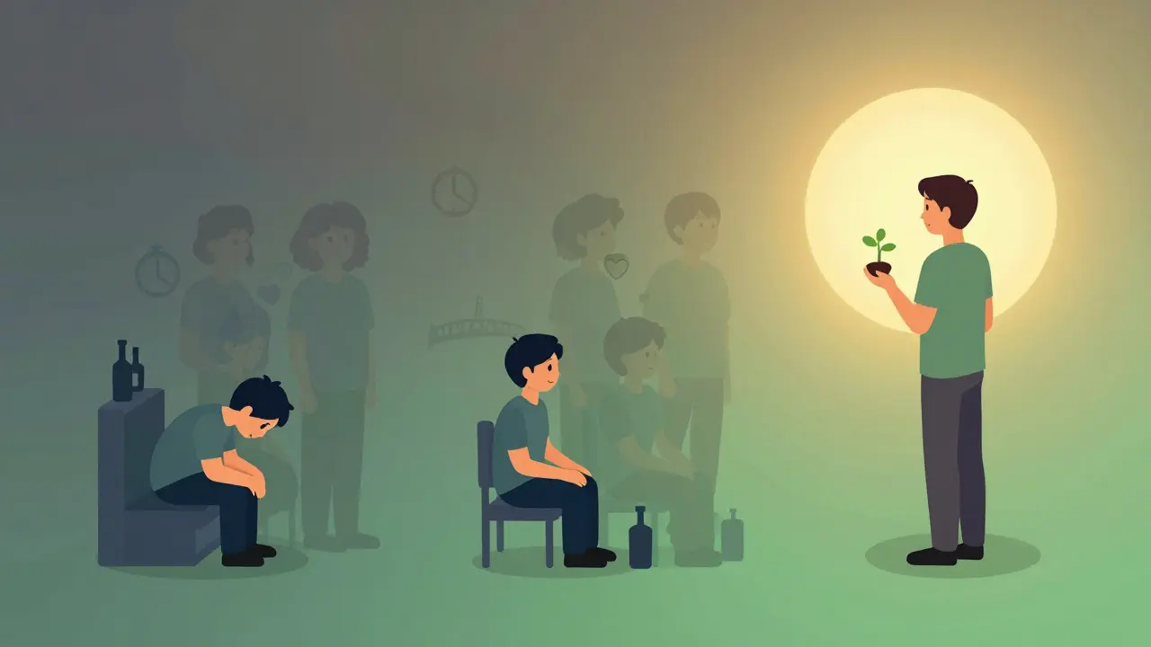 Cesta z izolace k obnově: jedna osoba v třech fázích léčby s podporou skupiny.