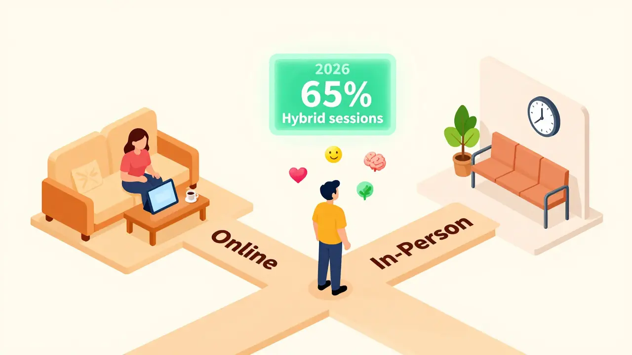 Člověk na křižovatce mezi online a osobní terapií, nad ním značka 2026 a ikony pokroku.