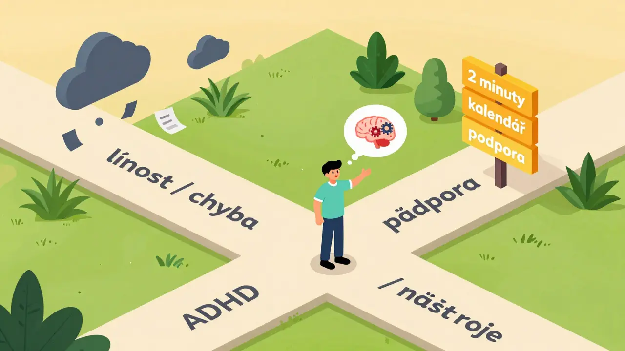 Člověk na rozcestníku mezi pohledem na ADHD jako chybu a jako příležitost k adaptaci.