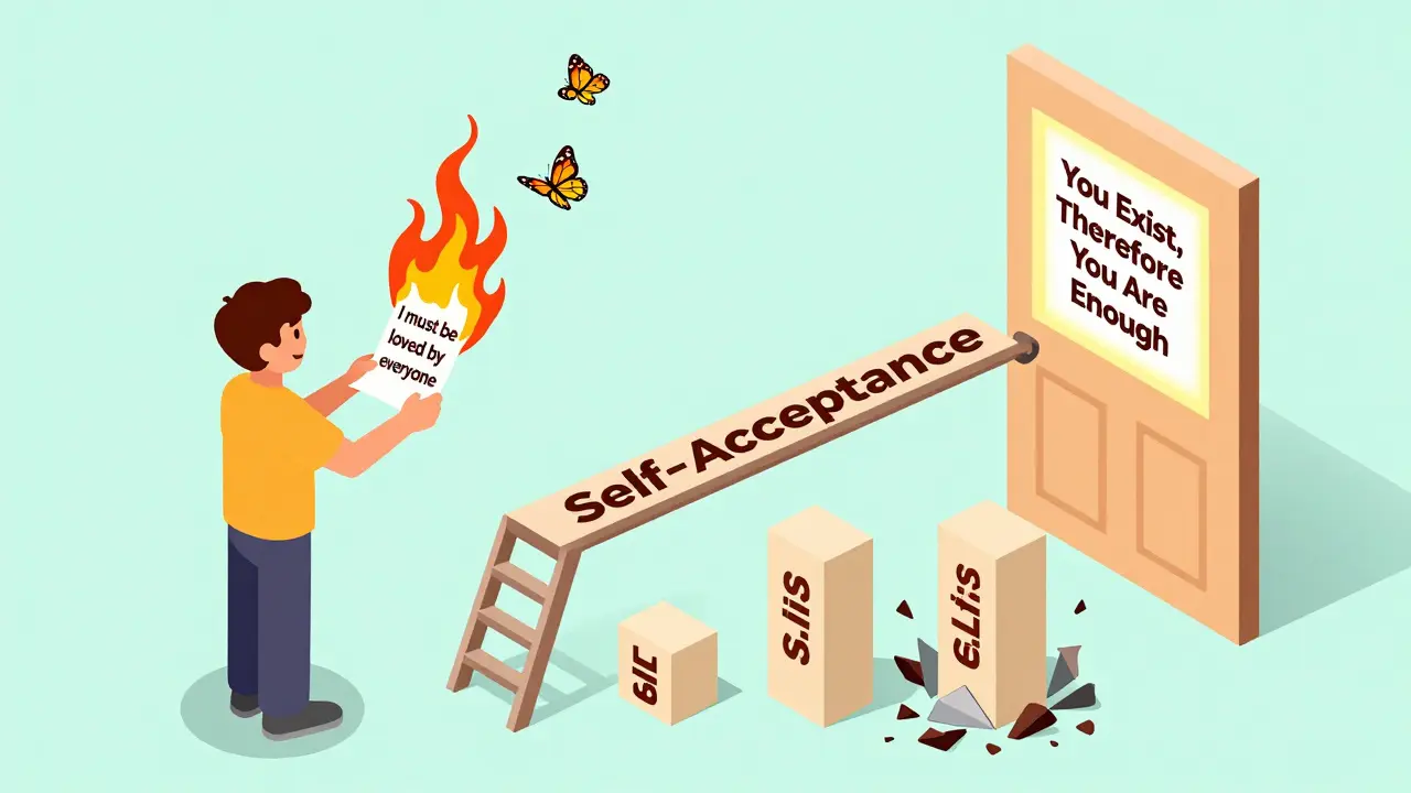 Člověk spaluje přesvědčení o nutnosti milování, z něj vylétájí motýli, zatímco žebřík přijetí sebe sama vede k dveřím.