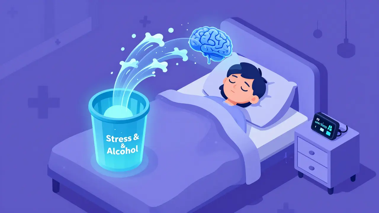 Člověk spí v klidné místnosti, z mozku odcházejí toxiny do koše s nápisem 'Stres &amp; Alkohol'.