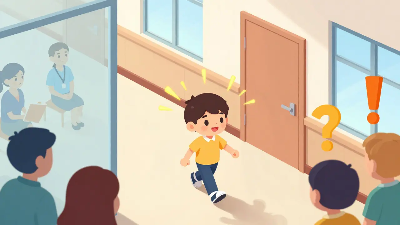 Dítě jde školní chodbou, podporující symboly kolem, psychiatr a terapeut ho sledují z dálky, pocit pokroku.