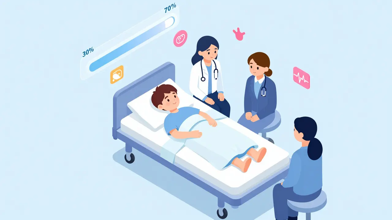 Dítě v nemocnici s postupem léčby znázorněným grafem, rodina a terapeut vedle něj, fáze stabilizace těla.