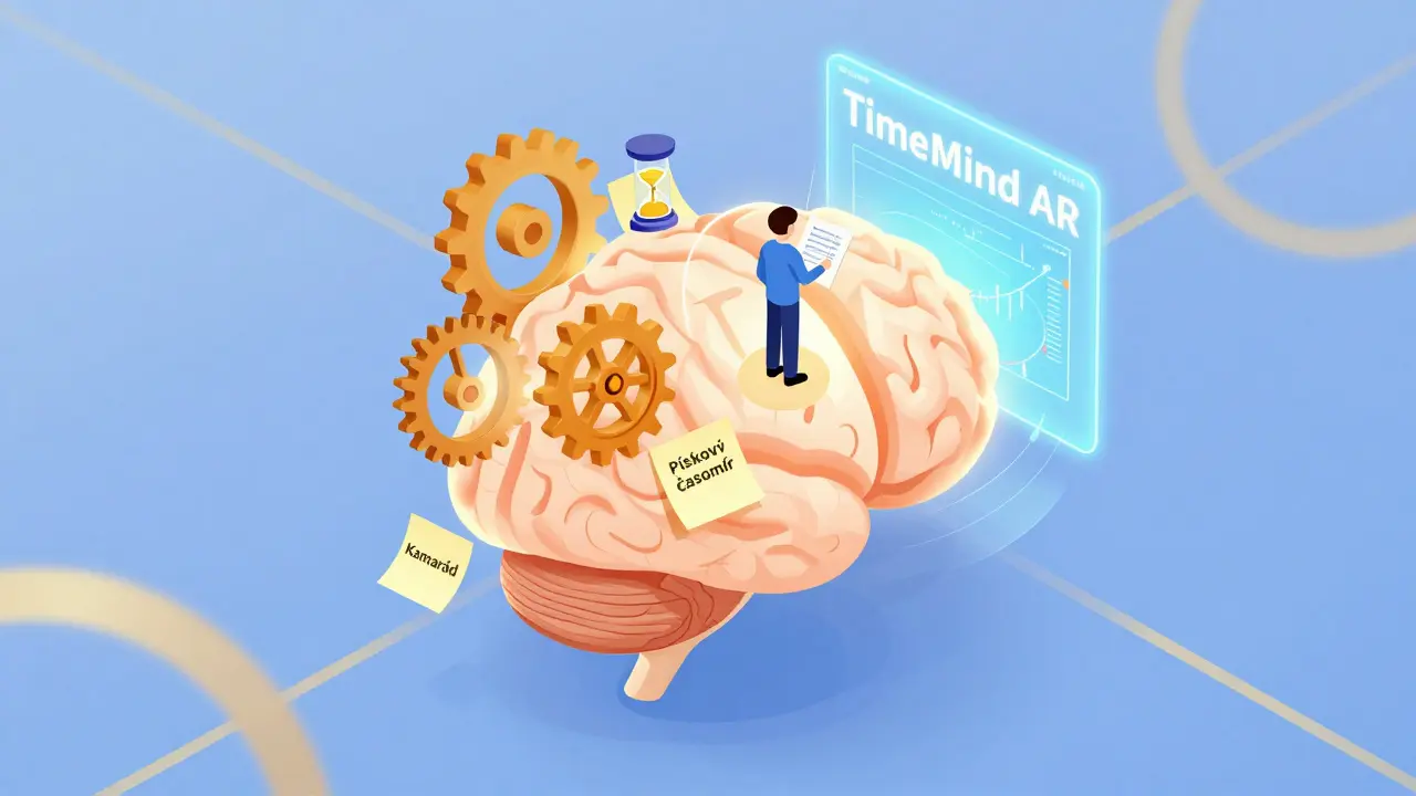 Mozek s externími pomůckami pro časovou orientaci a AR projekcí viditelného času.