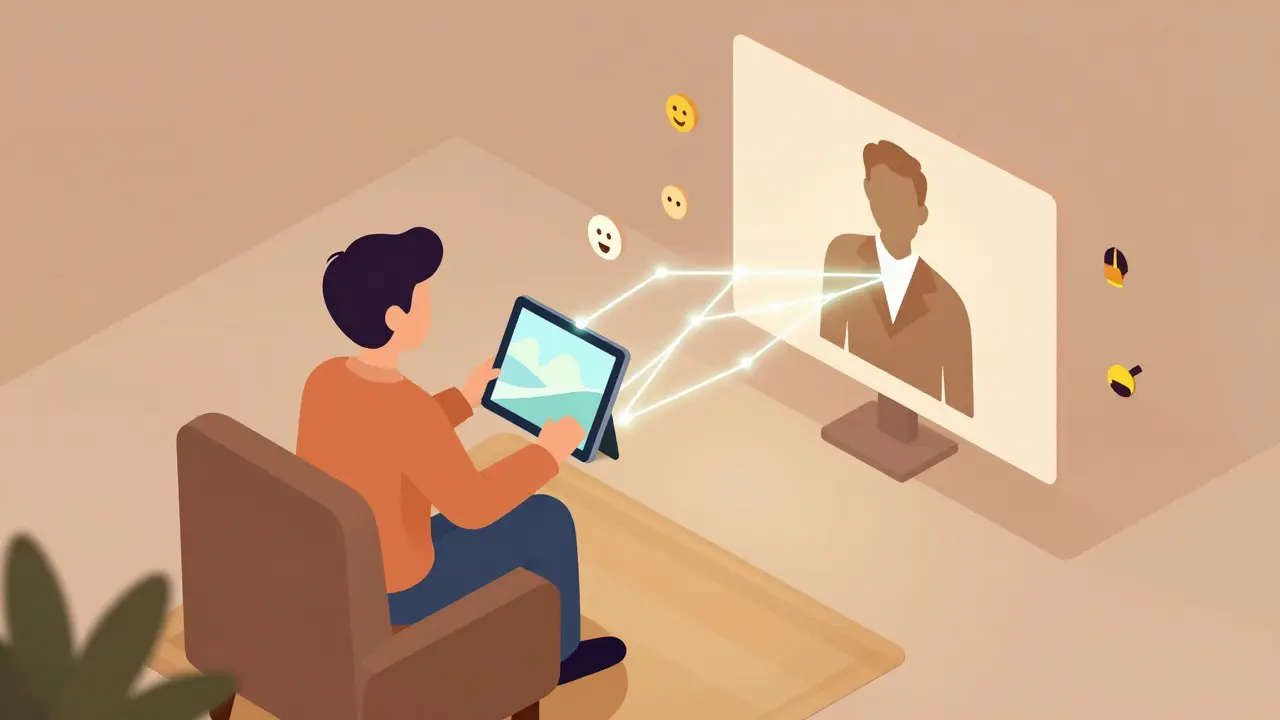 Osoba během teleterapie doma s tabletou a světelnými spoji k terapeutovi.