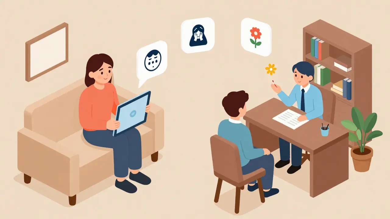 Osoba má online i osobní terapii, symbolizované květinou, která roste z jejího srdce.