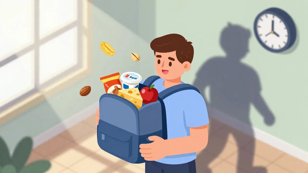 Osoba s batohem plným zdravých svačin, zatímco nezdravé potraviny mizí v pozadí.
