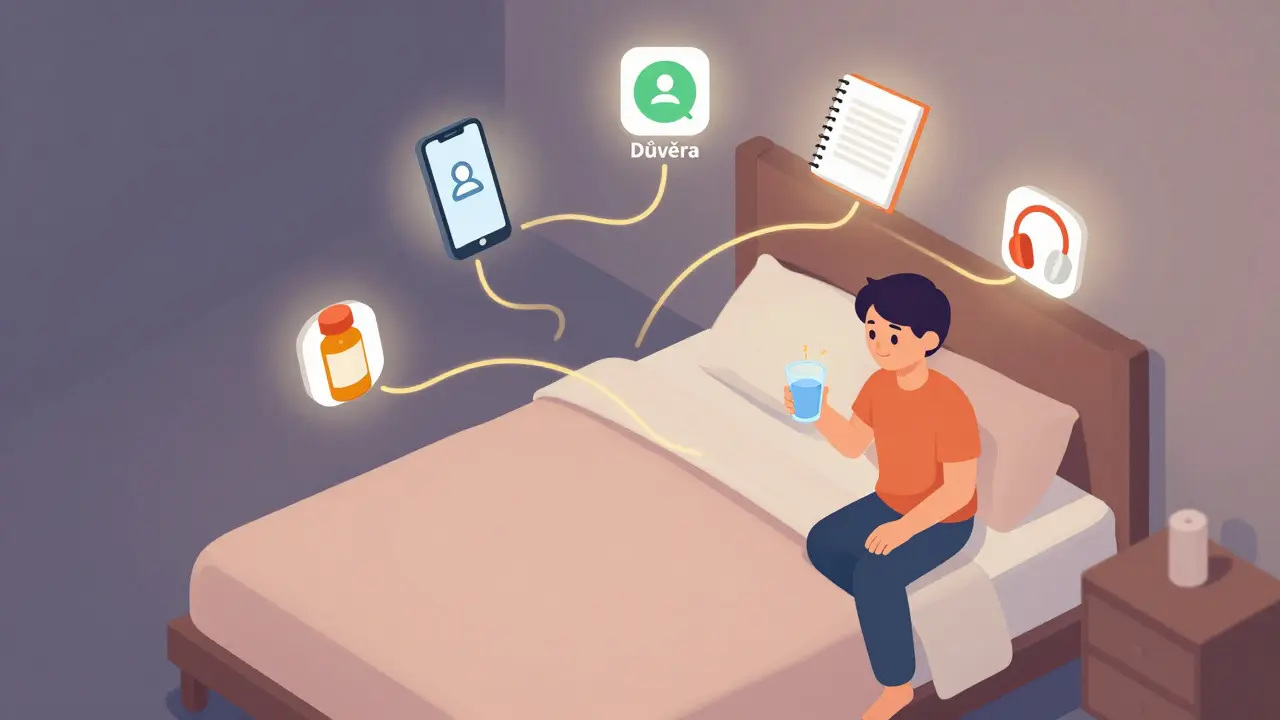 Osoba sedí na kraji postele, drží sklenici vody, kolem ní symboly bezpečnostního plánu.
