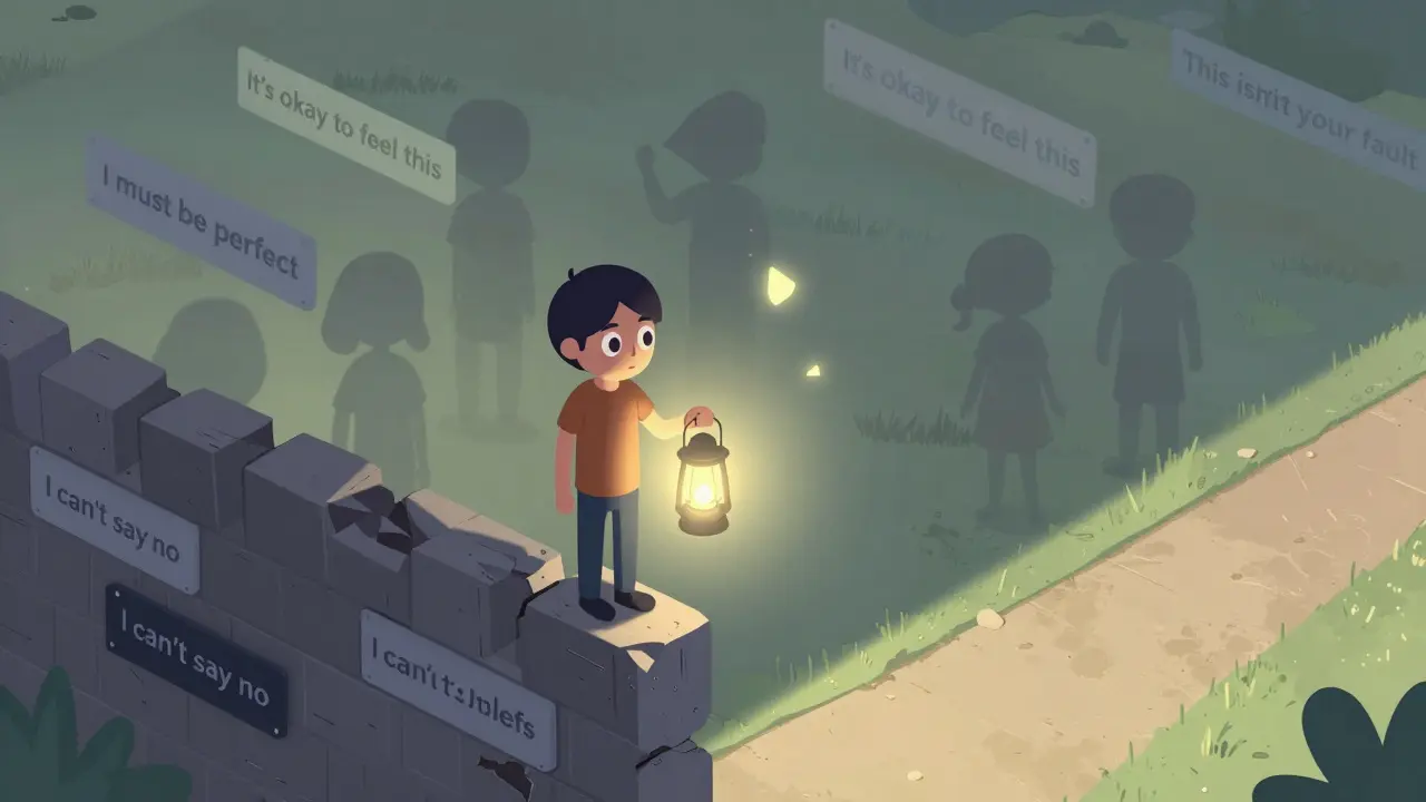 Osoba stojící u zřícené zdi přesvědčení, před ní otevřená cesta s lucernou.