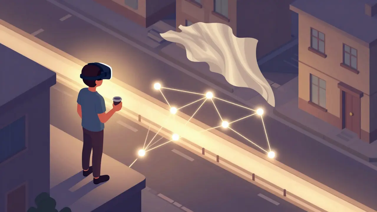 Osoba v virtuální realitě čelí strachu, zatímco je bezpečně v reálném světě.