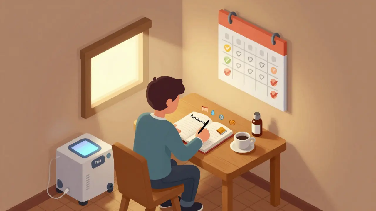 Osoba zapisuje malé úspěchy do deníku, v pozadí TMS stroj a CBD láhev.