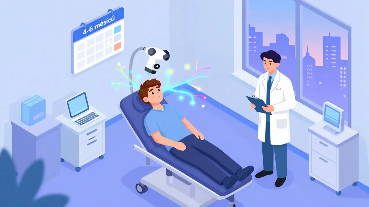 Pacient dostává TMS léčbu v klinice, světelné nervové cesty a kalendář s 4-6 měsíci.