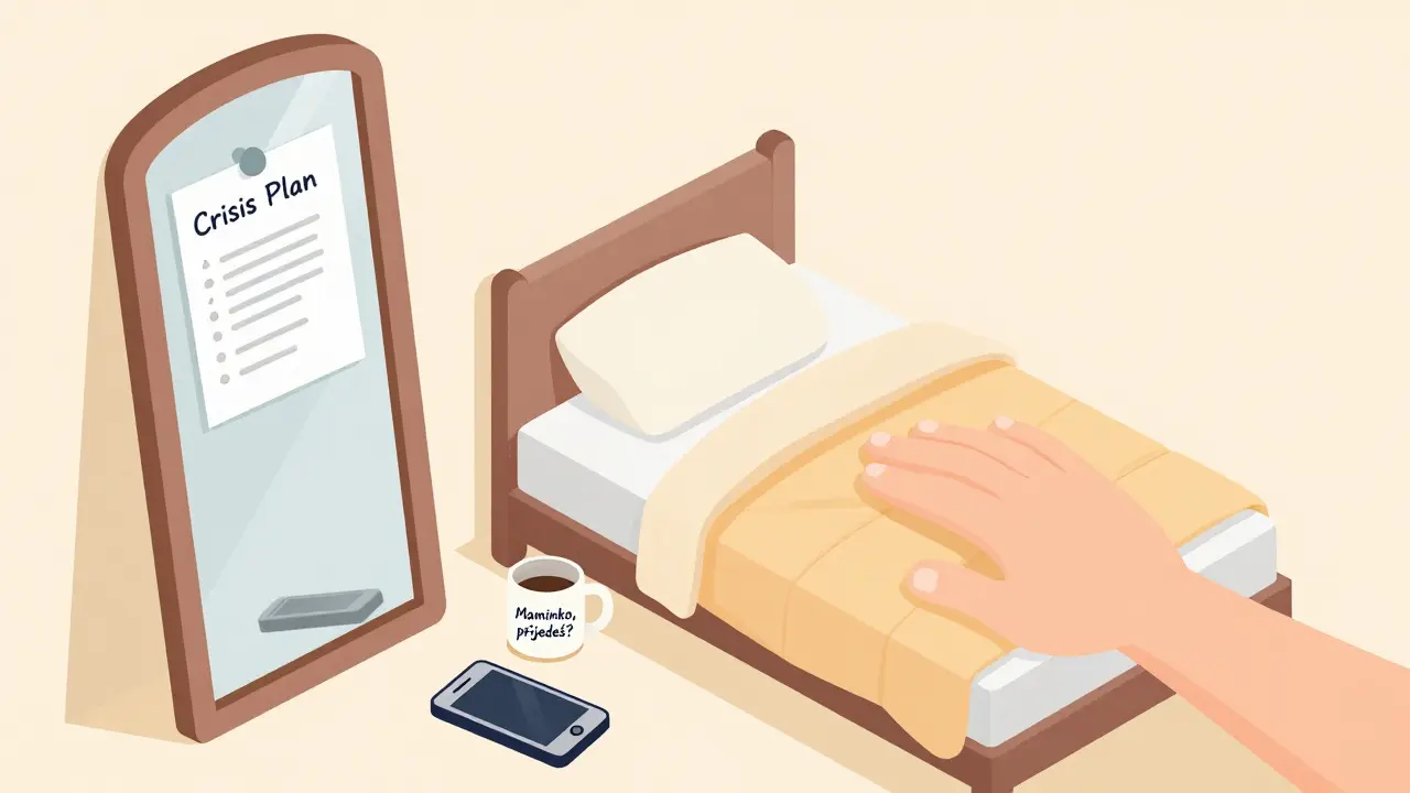 Písemný krizový plán připevněný ke zrcadlu, telefon mrtvý na podlaze, ruka přináší plátno jako symbol podpory.