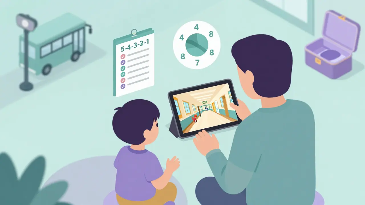 Rodič a dítě sledují video o škole, kolem nich jsou vizuální pomůcky pro uklidnění.