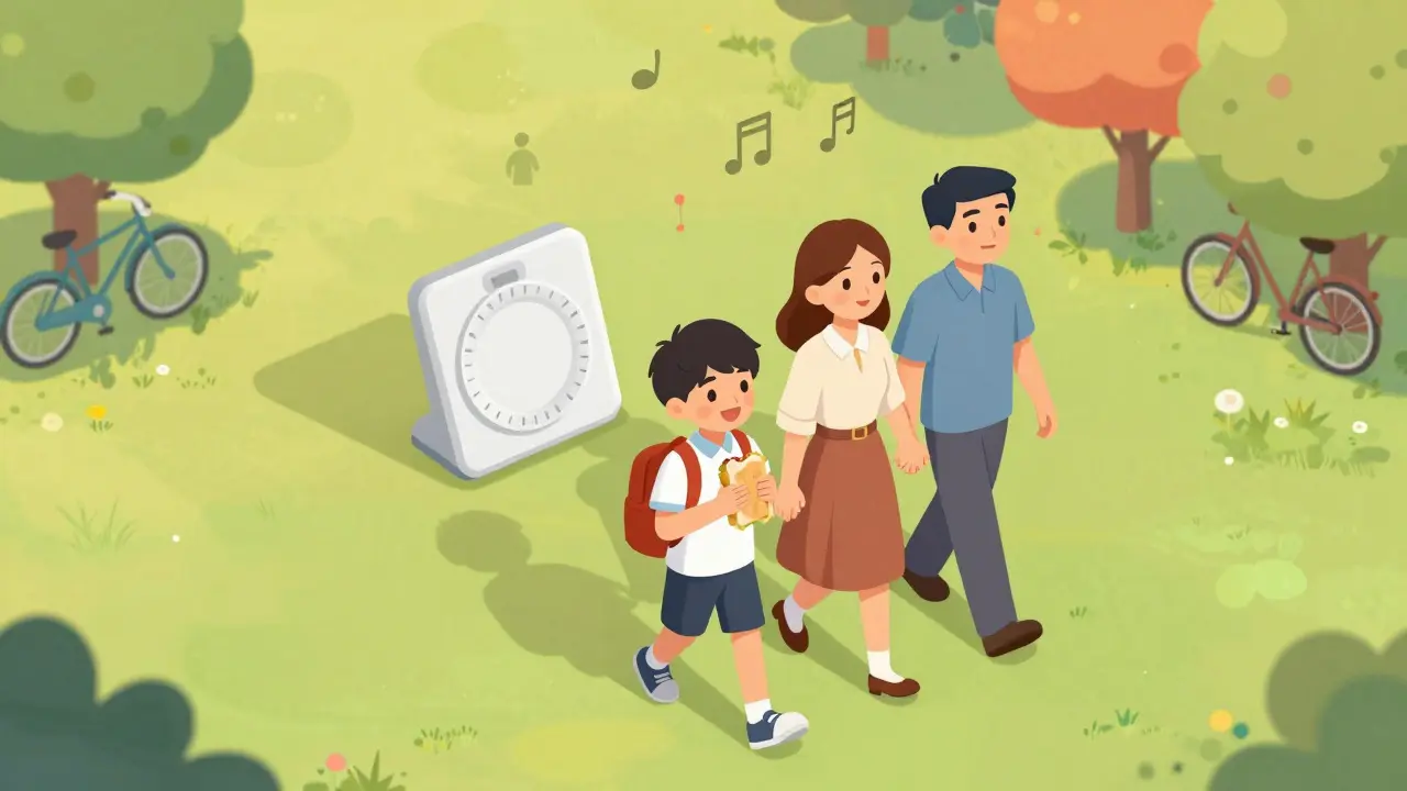 Rodina prochází parkem, dítě se směje, symbolizující obnovu normálního života po léčbě poruchy příjmu potravy.