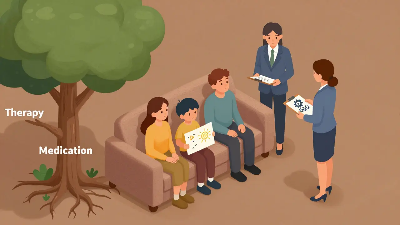Rodina spolu na pohovce, psychiatr a terapeut spolupracují, strom s kořeny terapie a léků, klidná atmosféra.