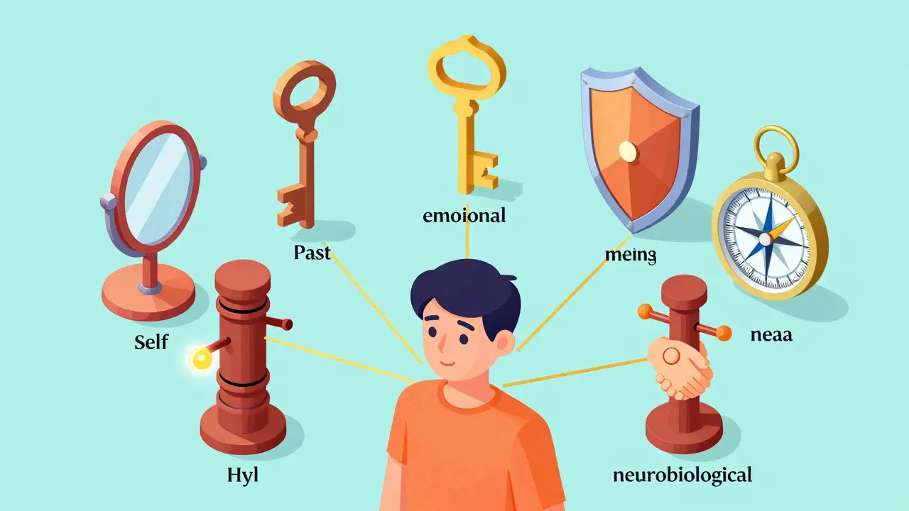 Sedm symbolických mechanismů psychoterapie spojených zlatými nitěmi s člověkem.