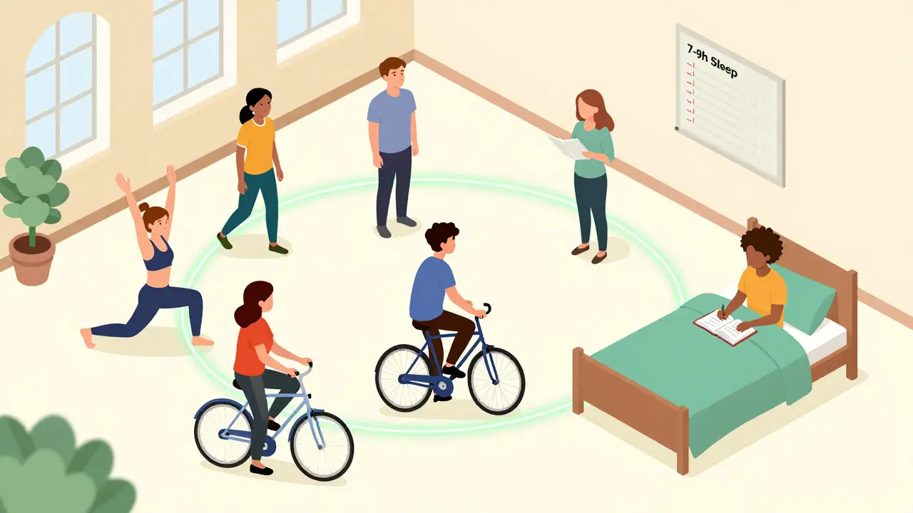 Skupina lidí cvičí a spí v komunitním prostoru, spojených světelnými linkami podpory.