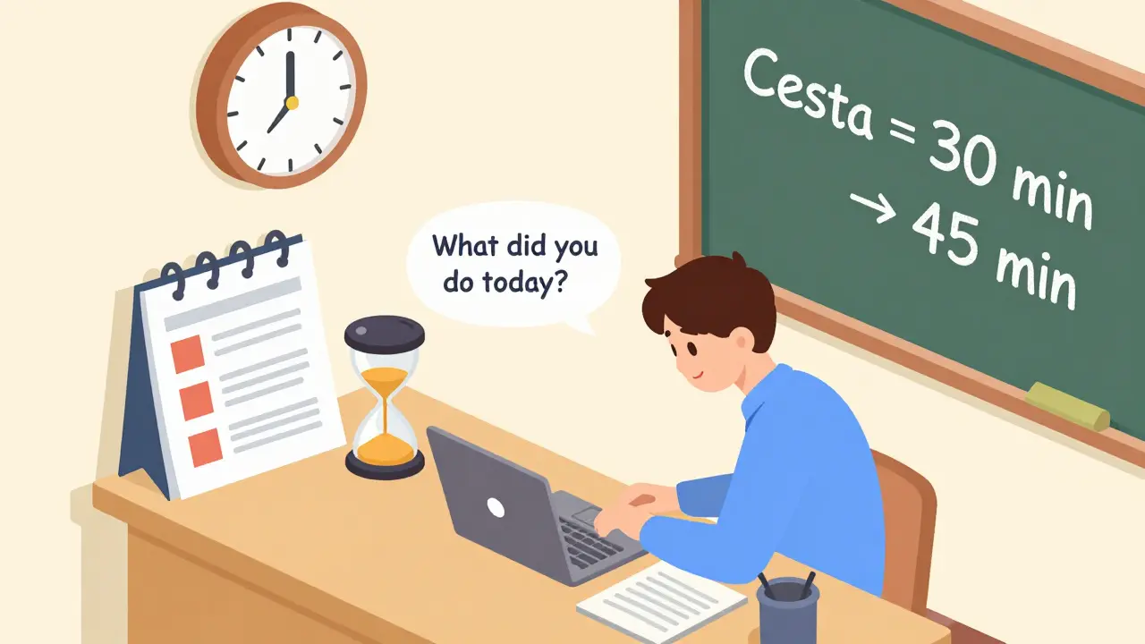 Student s papírovým kalendářem a přátelkou, která se ho ptá na dokončené úkoly.