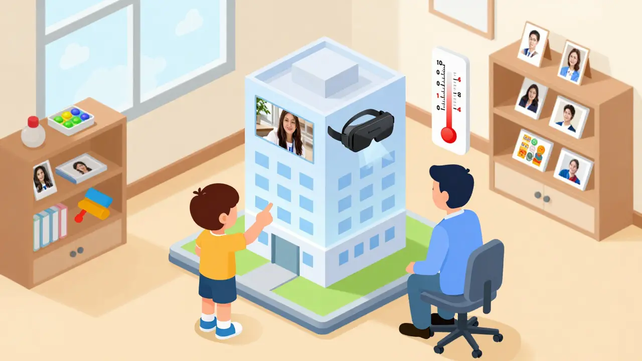 Terapeut a dítě procházejí 3D model školy s ukazatelem snižující se úzkosti.