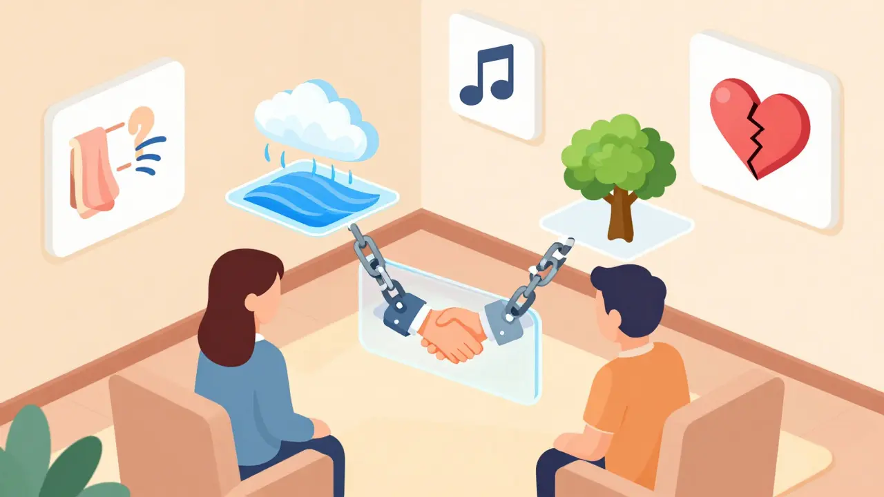 Terapeut a klient v klidné místnosti, kde se úzkost mění v klid a vzniká důvěra.