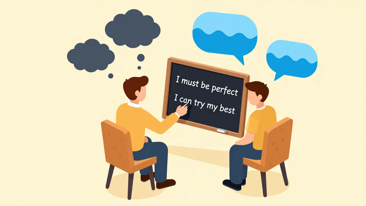 Terapeut mění iracionální přesvědčení na racionální v isometrickém prostředí, emoce se mění z temných mraků na klidné vlny.