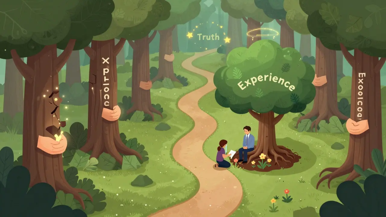 Terapeut sedí pod stromem zkušeností, klient pláče, země kvete kolem nich.