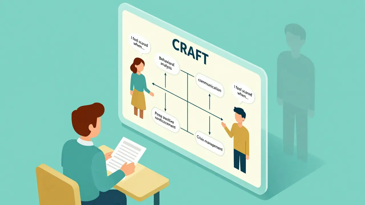 Terapeut ukazuje rodičům diagram čtyř pilířů metody CRAFT.
